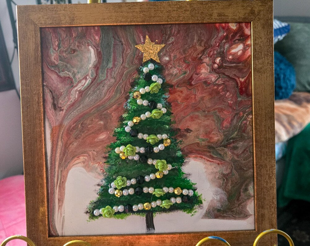 Golden Christmas 8 x 8 acrylic pour beaded painting framed