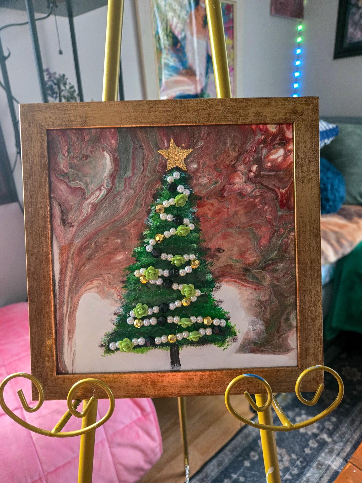 Golden Christmas 8 x 8 acrylic pour beaded painting framed