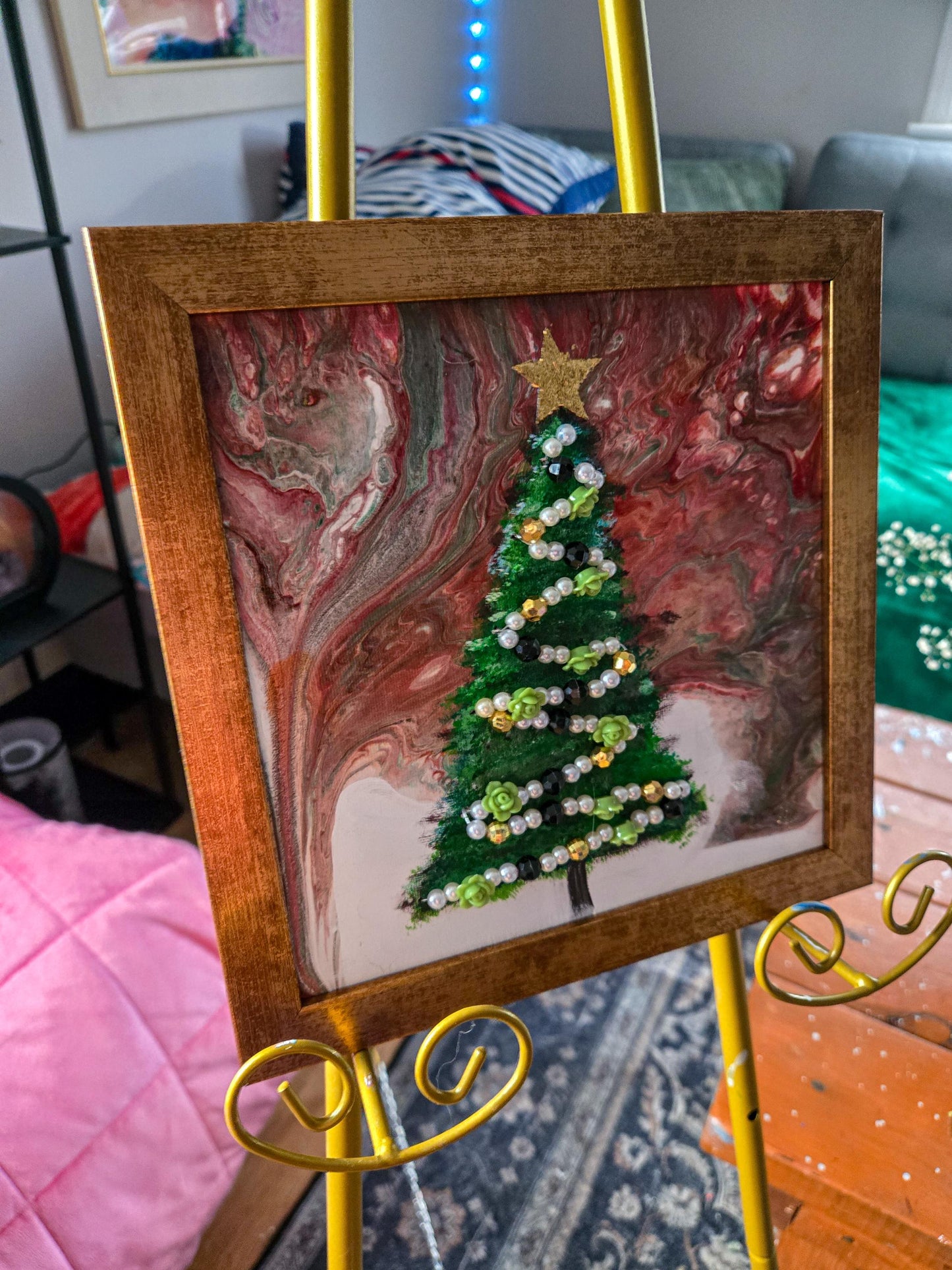 Golden Christmas 8 x 8 acrylic pour beaded painting framed